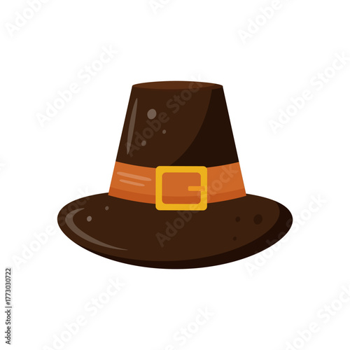 Thanksgiving day piligrim hat isolated on white background. Thanksgiving Day symbol. Cute hat. Childish illustration. Piligrim accessory. Thanksgiving sticker.  Flat cartoon style. Vector design.
