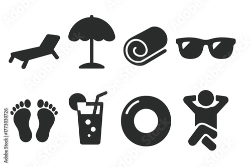 Poolside Relaxation Icons. Solid style icons of poolside relaxation: Lounge Chair, Sun Umbrella, Towel Roll, Sunglasses Pair, Bare