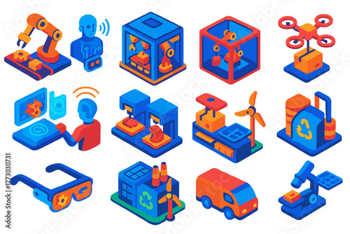Futuristic Manufacturing Innovations. Isometric vector illustration set Future Manufacturing Concepts: AI-driven assembly line,