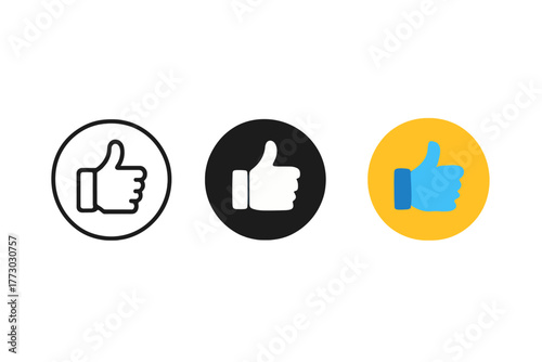 Thumbs Up Icons. Minimalist like badge icon: three identical thumbs up inside circular shapes in a row, first in line style with