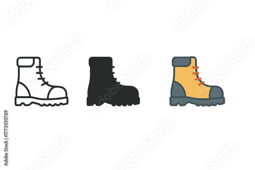 Cave Boots Icons. Minimalist cave boots icon: three identical rugged boots for spelunking in a row, first in line style with thin