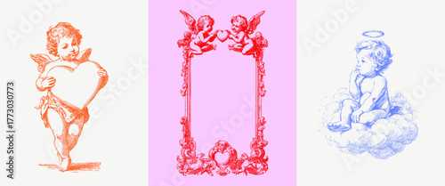 Vintage cupid angels, ornate frame, and baby cherub on cloud. Vector line art illustrations for wedding decor, elegant vintage designs.