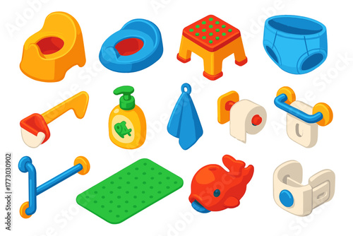 Baby Bathroom Essentials. Isometric vector illustration set Baby Essentials: potty chair, potty seat, step stool, training pants,