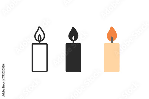 Minimalist Candle Trio. Minimalist candle icon: three identical burning candles with small flames in a row, first in line style