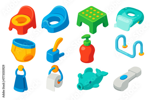 Baby Bathroom Essentials. Isometric vector illustration set Baby Essentials: potty chair, potty seat, step stool, training pants,