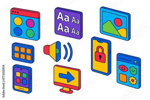 Device Personalization Icons. Isometric vector illustration set Personalization Settings: theme color palette, font selection menu