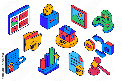 NFT Digital Assets Icons. Isometric vector illustration set NFT and Digital Assets: NFT marketplace screen, NFT minting process,