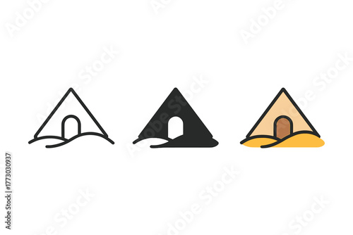 Desert Tent Icons. Minimalist desert tent icon: three identical desert tent icons in a row, first in line style with thin outline,