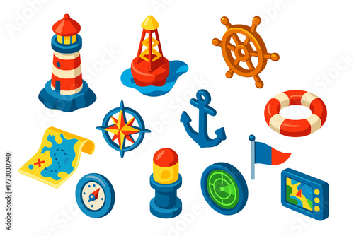 Maritime Navigation Icons. Isometric vector illustration set Maritime Navigation: lighthouse, buoy marker, ship wheel, compass