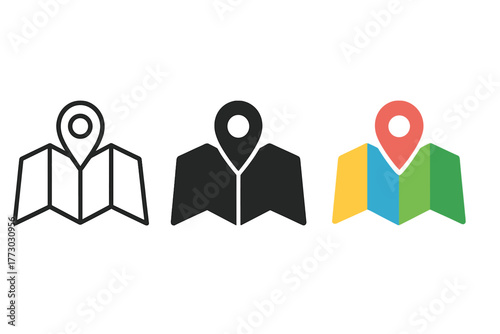 Minimalist Map Icons. Minimalist tracking map icon: three identical map with location pins icons in a row, first in line style
