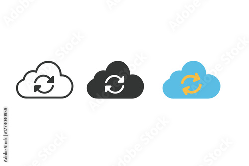 Cloud Connection Icons. Minimalist cloud connection icon: three identical cloud shapes with two small arrows inside in a row,