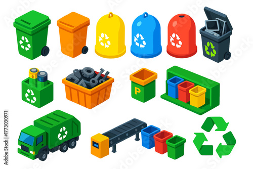 Recycling Icon Set. Isometric vector illustration set Recycling and Waste Management: recycling bin, compost bin, paper recycling
