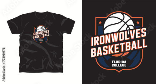 Dark T-Shirt Mockup with Ironwolves Basketball Team Logo for Sport Apparel Design Presentation and Print. University League Design