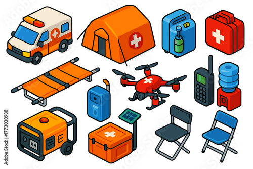 First Aid Essentials. Isometric vector illustration set First Aid and Healthcare Tools: mobile clinic van, field hospital tent,