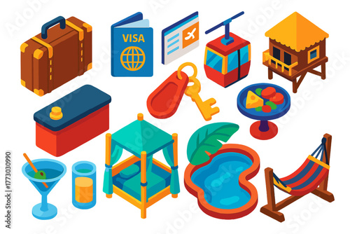 Travel Icons Set. Isometric vector illustration set Travel and Hospitality: leather suitcase, visa document, air ticket, cable car