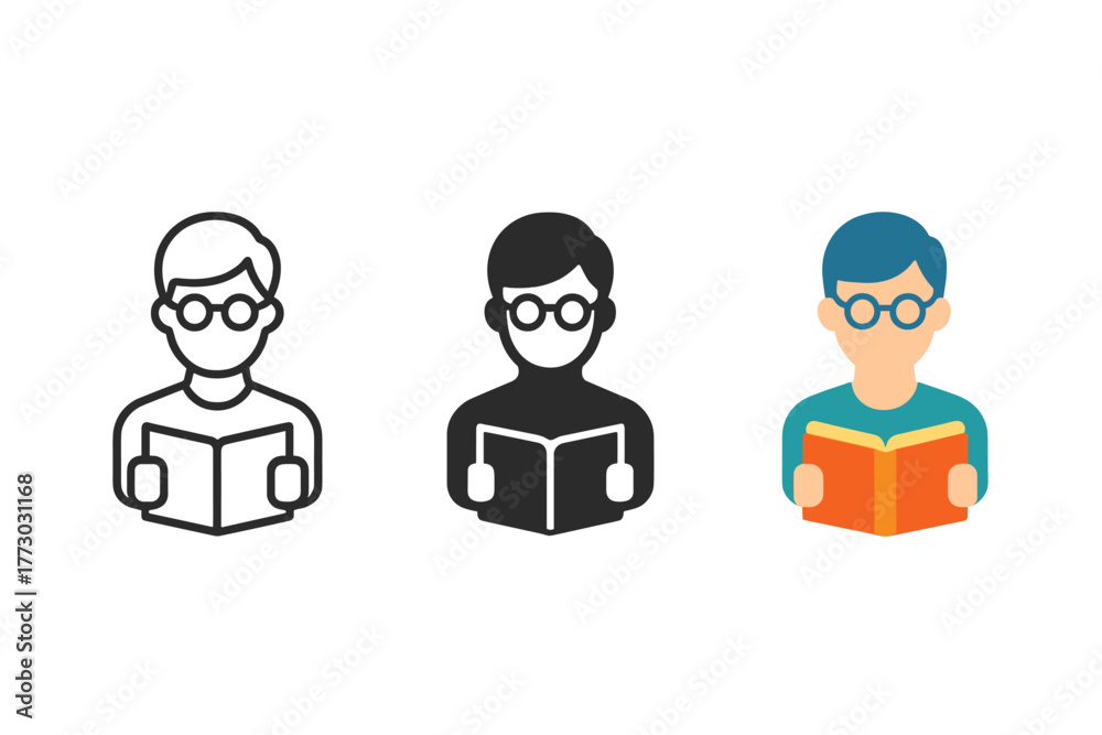 Naklejka premium Minimalist Librarian Icons. Minimalist librarian icon: three identical person with glasses and book icons in a row, first in line