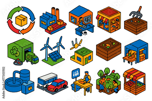 Circular Economy Icons. Isometric vector illustration set Circular Economy: product lifecycle diagram, remanufacturing plant,
