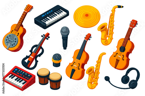 Vibrant Musical Instruments. Isometric vector illustration set music instruments: resonator acoustic guitar, portable stage piano,