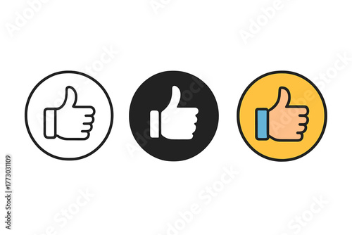 Thumbs Up Icons. Minimalist like badge icon: three identical thumbs up inside circular shapes in a row, first in line style with