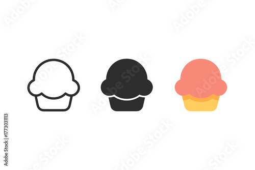 Ice Cream Scoop Trio. Minimalist flavor scoop icon: three identical ice cream scoops in a row, first in line style with thin