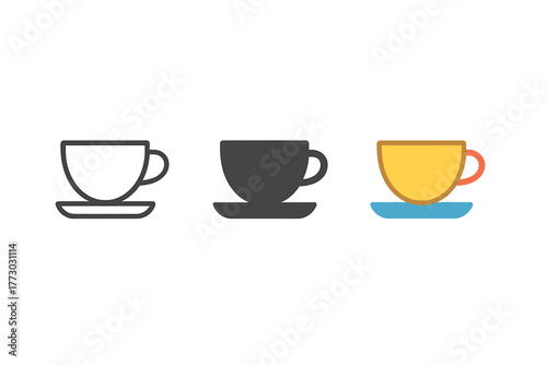 Minimalist Tea Cup Designs. Minimalist tea cup icon: three identical small tea cups in a row, first in line style with thin