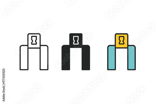 Minimalist Ticket Gates. Minimalist ticket gate icon: three identical stadium ticket gates in a row, first in line style with thin