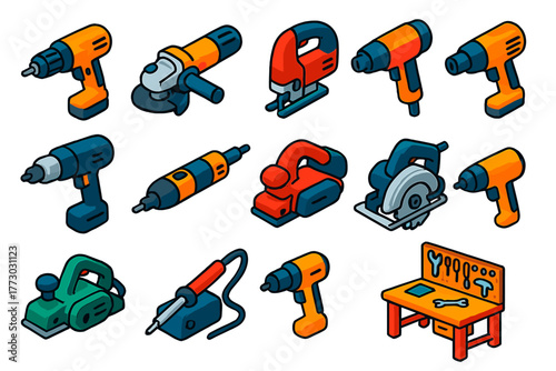 Workshop Power Tools. Isometric vector illustration set Workshop Power Tools: electric drill, angle grinder, jigsaw, heat gun,