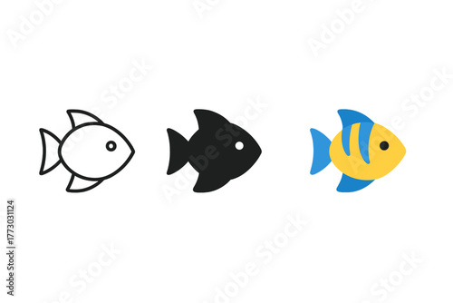 Tropical Fish Styles. Minimalist fish icon: three identical tropical fish icons in a row, first in line style with thin outline,