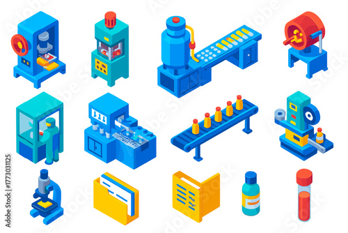 Pharmaceutical Manufacturing Icons. Isometric vector illustration set Pharmaceutical Manufacturing: pill press machine, capsule