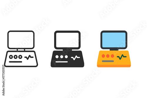 Mission Control Icons. Minimalist mission control icon: three identical control panel with screens icons in a row, first in line