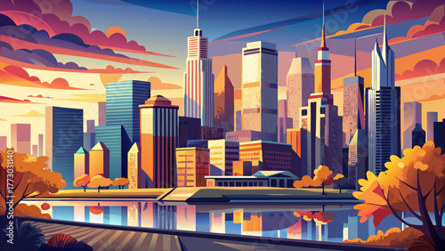 Very beautiful cityscape of downtown Chicago, Illinois, USA, with tall modern skyscrapers glowing warmly under a colorful autumn sunrise sky, reflecting over calm urban surroundings.