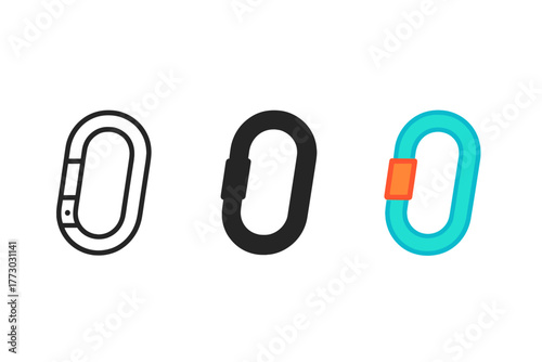 Minimalist Carabiner Icons. Minimalist carabiner icon: three identical carabiner icons in a row, first in line style with thin
