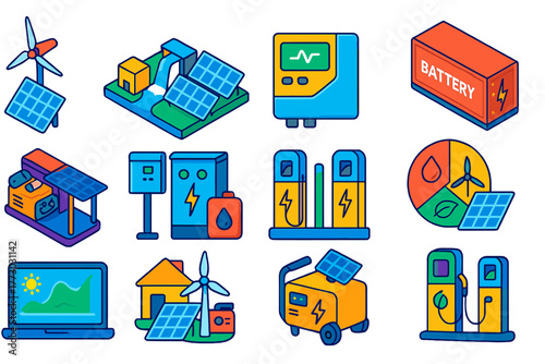 Hybrid Energy Systems. Isometric vector illustration set Hybrid Energy Systems: solar-wind hybrid tower, solar-hydro plant, hybrid