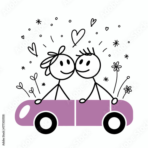 Love on Wheels: A stick figure couple is intimately drawn in a lovely car, surrounded by delightful elements such as hearts and flowers, symbolizing a journey of love.