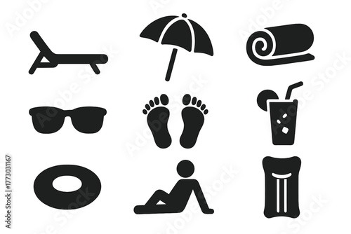 Poolside Relaxation Icons. Solid style icons of poolside relaxation: Lounge Chair, Sun Umbrella, Towel Roll, Sunglasses Pair, Bare