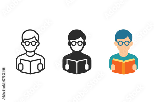 Minimalist Librarian Icons. Minimalist librarian icon: three identical person with glasses and book icons in a row, first in line