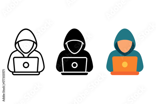Minimalist Hacker Icons. Minimalist hacker icon: three identical person with hood and laptop icons in a row, first in line style