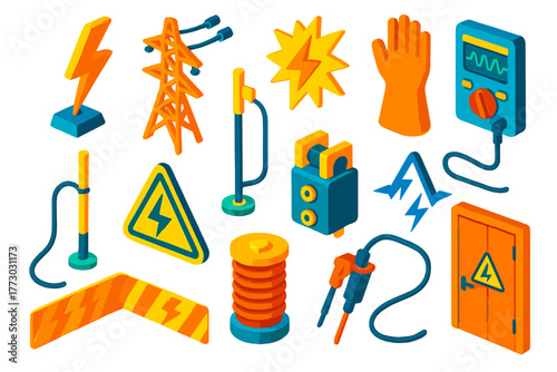 High Voltage Icons. Isometric vector illustration set High Voltage Energy Symbols: lightning tower, high-voltage pylon, arc flash