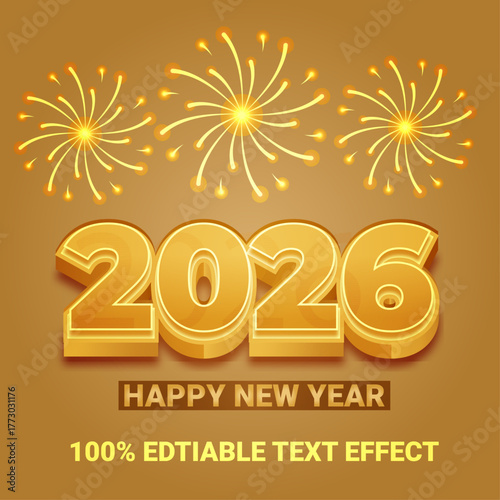 2026 Happy New Year Gold Text Effect Fireworks Celebration Editable Vector Design.