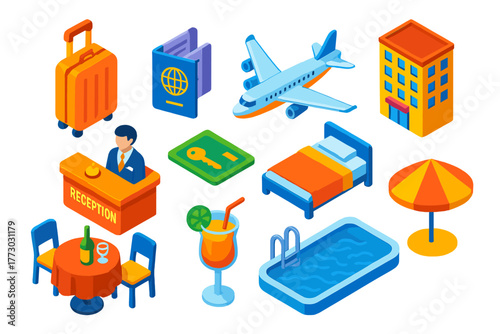 Travel Essentials Icons. Isometric vector illustration set Travel and Hospitality: suitcase, passport, boarding pass, airplane,