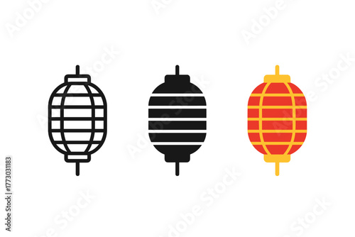 Minimalist Lantern Designs. Minimalist lantern icon: three identical traditional paper lanterns in a row, first in line style with