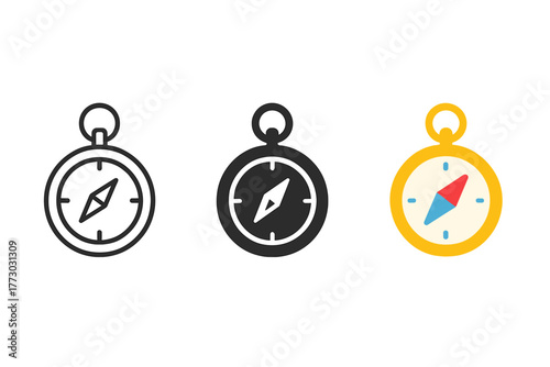 Trio of Compasses. Minimalist compass icon: three identical handheld compasses in a row, first in line style with thin outline,