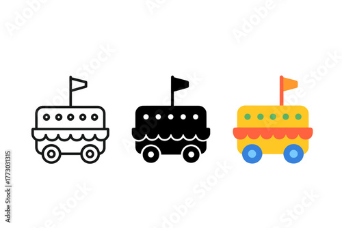 Minimalist Parade Floats. Minimalist parade float icon: three identical decorated parade floats in a row, first in line style with