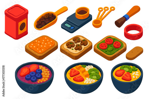Coffee and Breakfast Icons. Isometric vector illustration set Coffee Equipment and Breakfast Treats: coffee storage tin, bean