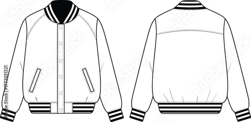 Front and back varsity bomber jacket vector template, fashion flat sketch, unisex outerwear design, ribbed collar, cuffs, and hem illustration