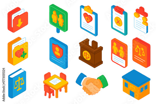 Law and Justice Icons. Isometric vector illustration set Law and Justice: bankruptcy file, family court sign, marriage license,