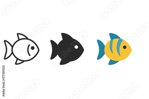 Tropical Fish Styles. Minimalist fish icon: three identical tropical fish icons in a row, first in line style with thin outline,