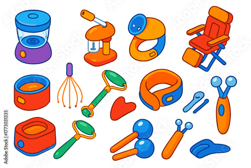 Grooming Tool Icons. Isometric vector illustration set Hairdressing and Grooming Tools: hot towel steamer, facial steamer, massage