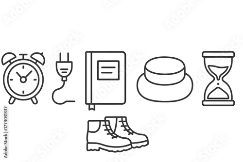 Digital Detox Icons. Line style icons of Digital Detox Essentials: analog alarm clock, unplugged power cord, journaling notebook,