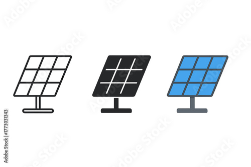 Solar Panel Icons. Minimalist solar panel icon: three identical rectangular solar panels tilted at an angle in a row, first in